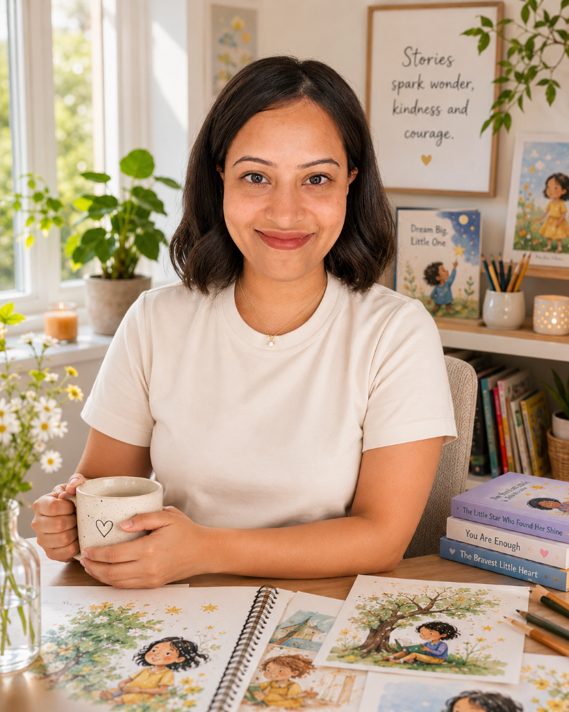 AshV, children's book author, smiling in her studio surrounded by illustrated manuscripts